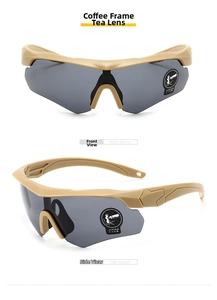 Detailed front and side views of tactical eyewear with khaki frames and brown lenses