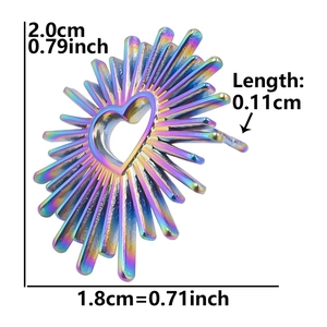 Macro detail of rainbow heart stud earring with exact size dimensions and measurements
