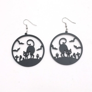 Minimalist black acrylic Halloween earrings featuring cutout cat and bat designs