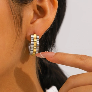 Modern two-tone stainless steel C-shaped hoop earrings with watch band link design style