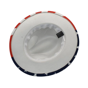 White felt jazz fedora hat featuring US flag patterns and red white stripes on the brim