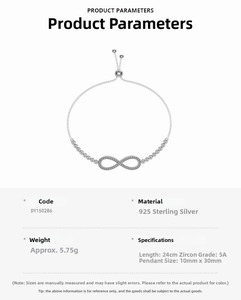 Detail showing S925 sterling silver infinity bracelet with 5A grade cubic zirconia