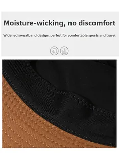 Detail view of the wide moisture-wicking sweatband inside a brown bucket hat for sun protection