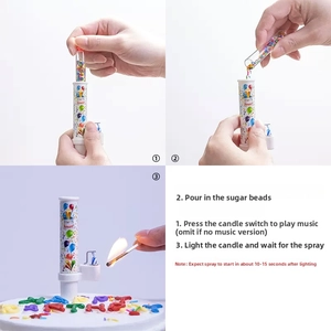 Macro detail of music party popper showing 3-step operation for candy spray and candle