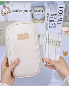 Detailed cream woven stationery pouch featuring multi-layer storage for 60 pens