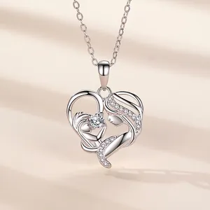 925 Sterling Silver Mother and Child Heart Pendant Necklace With Zirconia Mom Love Jewelry Gift For Mother's Day Women