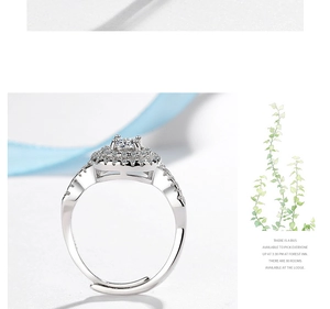 Macro shot of silver adjustable halo ring with square zircon stone and double pave setting