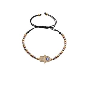 Adjustable woven Hamsa Hand bracelet with Evil Eye charm and gold-plated beads