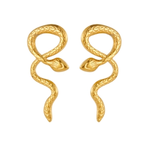 Minimalist gold snake stud earrings in polished stainless steel with detailed scales