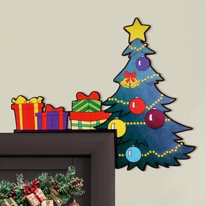 Christmas wooden door frame corner decoration with blue tree and gift box design