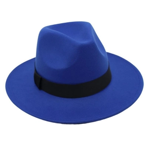 Detail of royal blue wool fedora hat with a classic black ribbon band and wool texture