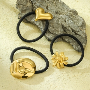 Titanium Staal Hart Zonnebloem Rond Metalen Haarelastiekjes Voor Vrouwen Hoog Elastisch Goud Verguld Haartouw Mode