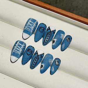 Handmade Press On Nails Denim Style Canvas Shoe Design Matte Finish Long Almond Shape Hand Painted Nail Tips