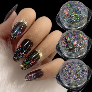 Holographic nail glitter sequins in jars with professional chrome nail art display