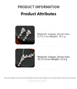 Detailed view showing dimensions and materials of zircon flower necklace and earring set