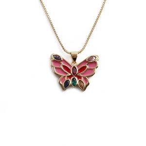 Collier papillon vintage en or avec émail rose et pierres précieuses colorées