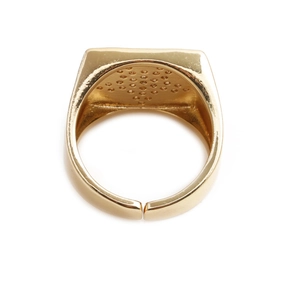 Detailed view of the golden adjustable ring with a rectangular geometric grid pattern