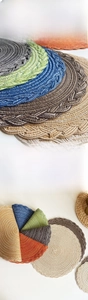 Detail of woven round placemat showing dense polyester texture and heat-resistant properties
