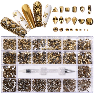 Detailed 21-grid nail art rhinestone set with gold flatback crystals and dotting tool