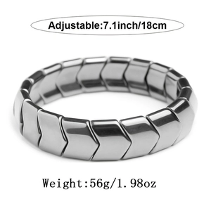 Adjustable magnetic therapy bracelet with arrow-shaped links and detailed specifications