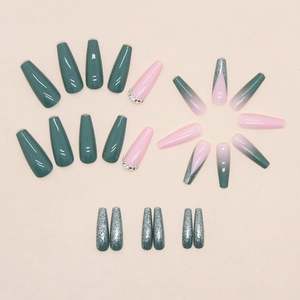 French ballerina press-on nails in matcha green and pink gradient with glitter diamonds