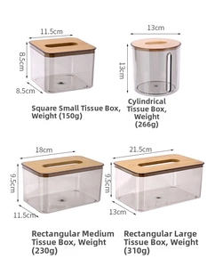Size chart showing dimensions and weights for four types of minimalist tissue boxes