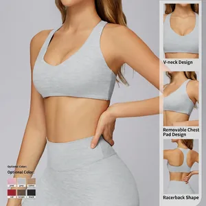 Light grey racerback sports bra with V-neckline and removable pads in 6 available colors