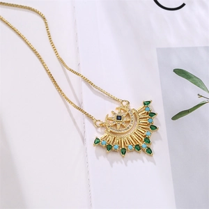 Gold moon and star pendant necklace with colorful cubic zirconia and square blue gemstone