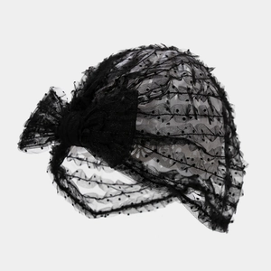 Breathable black tulle turban with polka dots and side bow decoration for women