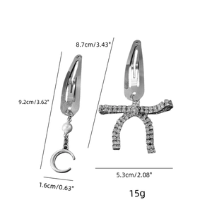 Silver metal hair clips with moon pearl and rhinestone bow pendants including dimensions