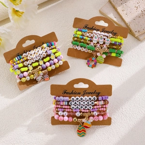 Easter multi-layer beaded bracelet set with bunny charms and spring themed letter beads