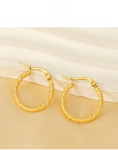 Detailed macro view of 18k gold plated titanium steel hoop earrings with twist rope texture