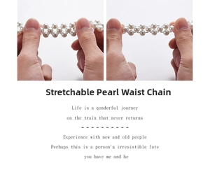 Detail showing the stretchable elastic design of the vintage pearl waist chain belt