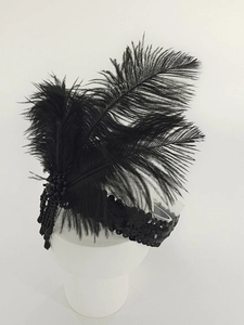 Detail of 1920s vintage black feather headband with sequins and beaded tassel decorations