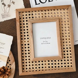 Minimalist solid wood rattan photo frame 5x7 inch with bohemian style for home decor