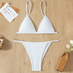 Women Bikini Ribbed Polyester Two Piece Swimsuit Halter Triangle Top High Cut Bottom Beach Sexy White