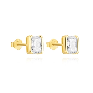 Macro detail of S925 sterling silver stamp on gold rectangular zircon stud earrings