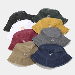 Washed Cotton Bucket Hat Heart Embroidery Retro Vintage Foldable Sun Shade Breathable Outdoor Casual For Women Men