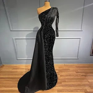 Women Sequin Evening Gown Single Shoulder Long Sleeve Satin Drape Mermaid Silhouette Formal Party Wedding Dress