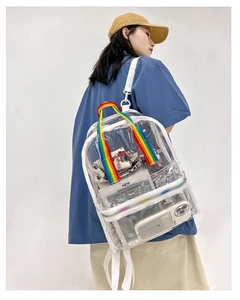 Detail of transparent PVC backpack with rainbow handle and white straps showing high capacity