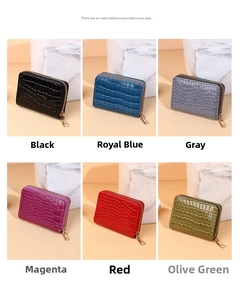 Detailed grid view of minimalist faux crocodile texture card wallets in six vibrant colors