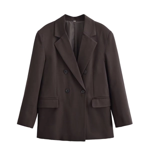 Women's dark brown double-breasted blazer dress with metal buckle belt and pockets