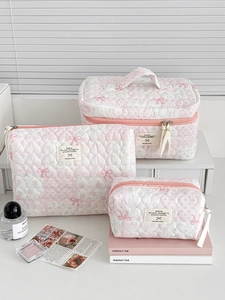 Quilted Cotton Makeup Bag Heart Floral Bowknot Large Capacity Travel Toiletry Organizer Pouch Sweet Korean Style For Women