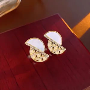 18K gold plated quilted geometric stud earrings with mother-of-pearl and crystal accents