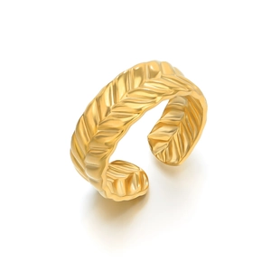 Adjustable golden stainless steel ring featuring detailed wheat ear textured patterns