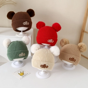Kinder Strickmütze Warm Dick Winter Doppel Bommel Buchstaben Stickerei Kleinkind Outdoor Gemütlich