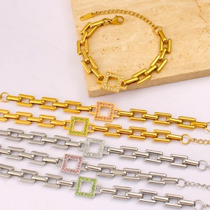 18KGP stainless steel paperclip bracelets with colorful zircon charms in gold and silver
