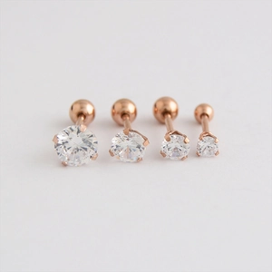 Rose gold stainless steel 4-claw stud earrings with clear cubic zirconia in four sizes