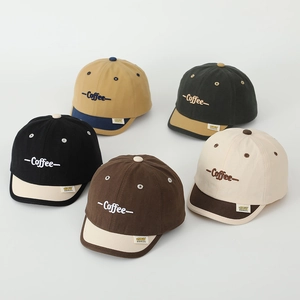 Five assorted short-brimmed cotton baseball caps with Coffee embroidery and contrast colors
