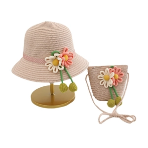 Straw sun hat and matching flower bag set for girls in sweet beige woven style